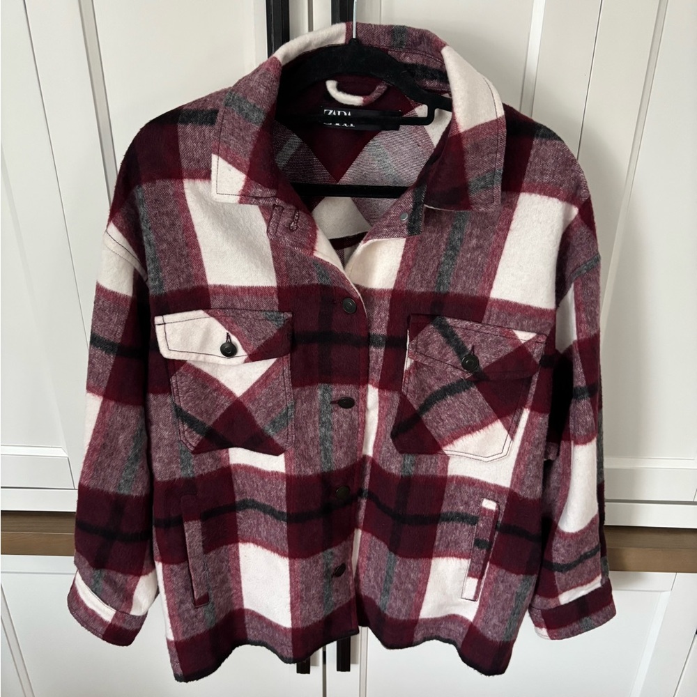 Zara Burgundy and White Plaid Jacket